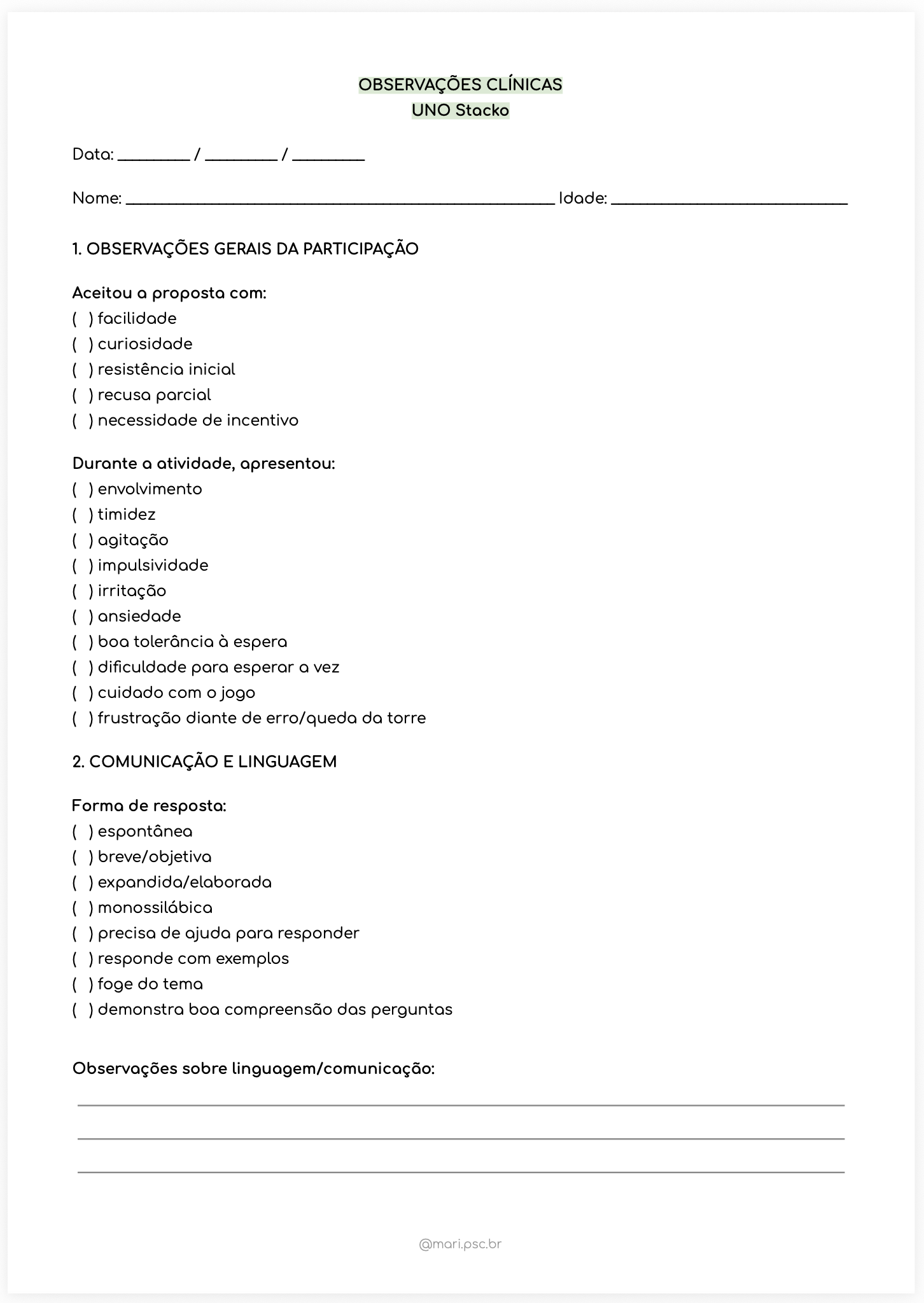 Anamnese Infantil com UNO Stacko por Mariana da Silva Assmann